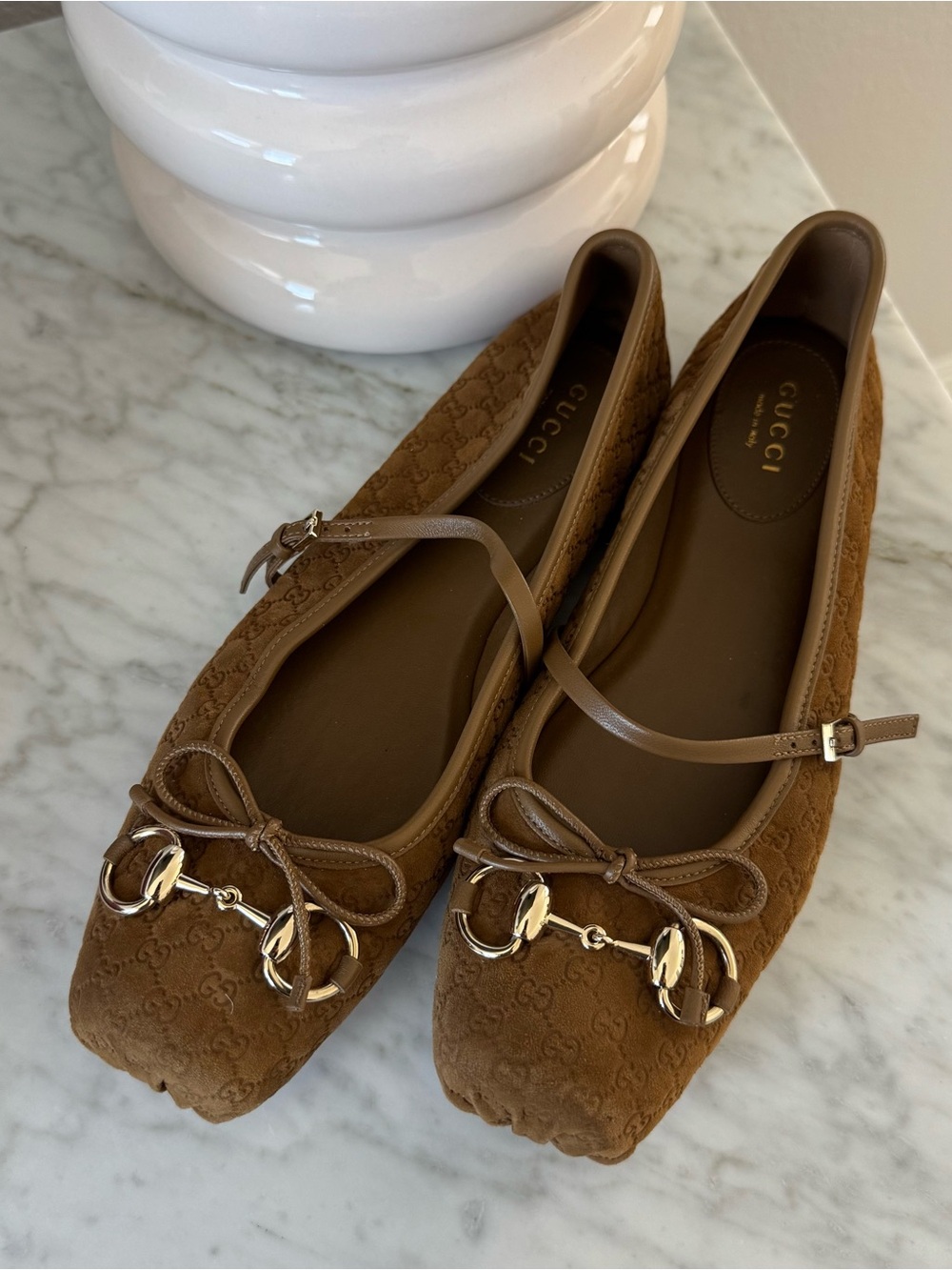 Gucci Brown Suede GG Horsebit Ballet Flats with Ankle Strap - Picture 4 of 7